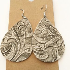 White embossed leather fishhook earrings